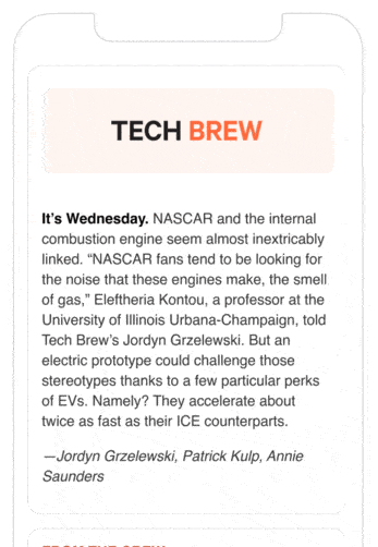 A mobile phone scrolling a newsletter issue of Tech Brew